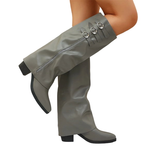 LRGSHF Knee High Boots for Women, Buckle Decor Wide Calf Shoes,Side Zipper Block Heel Pointed Toe Faux Leather Tall Boots Fall Winter Casual Daily Footwear