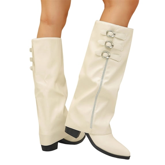 LRGSHF Knee High Boots for Women, Buckle Decor Wide Calf Shoes,Side Zipper Block Heel Pointed Toe Faux Leather Tall Boots Fall Winter Casual Daily Footwear