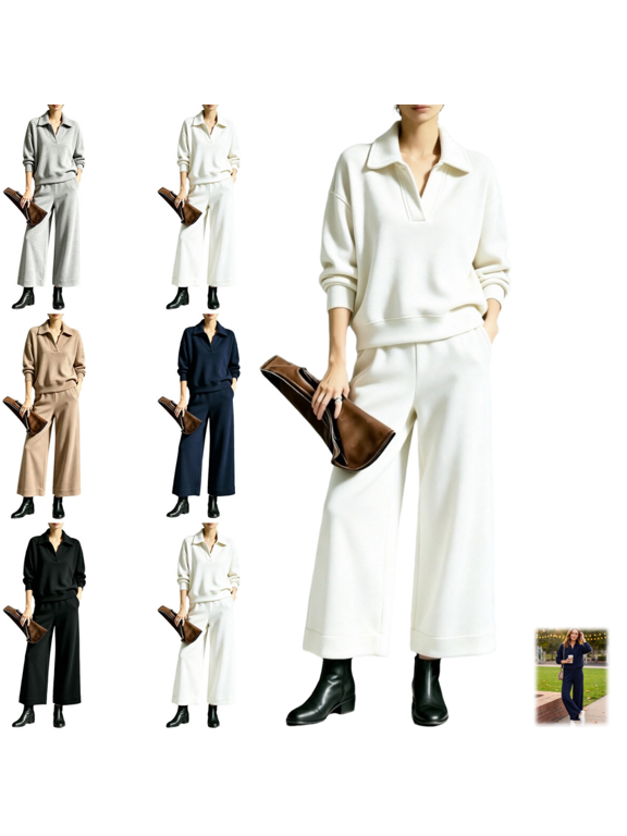 Knit 2 Piece Loungewear Set for Women, Loose Lapel Long Sleeve Top & Elastic Waist Wide Leg Cropped Pants, Loose Coordinated Outfit for Fall Winter Daily Office Casual Wear