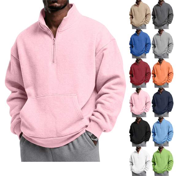 LRGSHF Men Loose Quarter Zip Stand Collar Pullover Sweatshirt, Solid Color Long‑Sleeve Top with Pocket, Fall Winter Warm Casual Sweatshirt for Men Daily Commute Street Wear