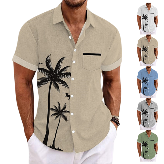 LRGSHF Men's Button Down Short Sleeve Shirts Palm Tree Tops Summer Casual Comfortable Tropical Beach Blouse with Chest Pocket Lightweight Breathable Vacation Shirt
