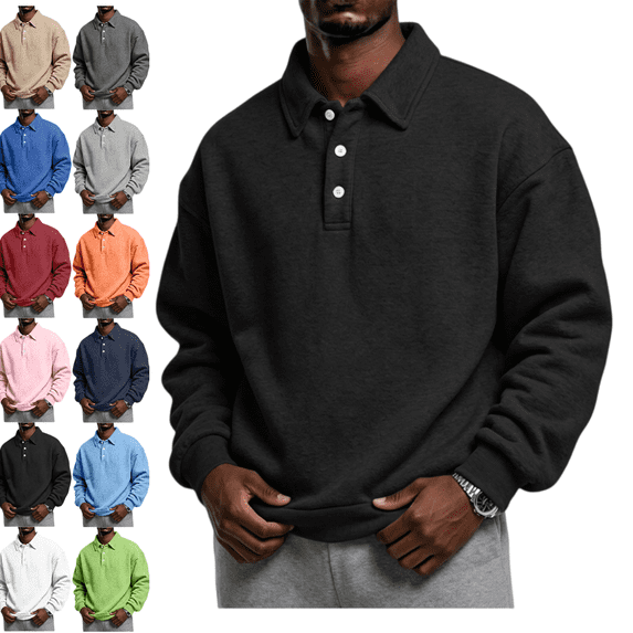 LRGSHF Men's Button‑Up Collared Sweatshirt, Loose Fit Long Sleeve Solid Color Pullover Top, Casual Sweat Shirt for Daily Street Outdoor Wear