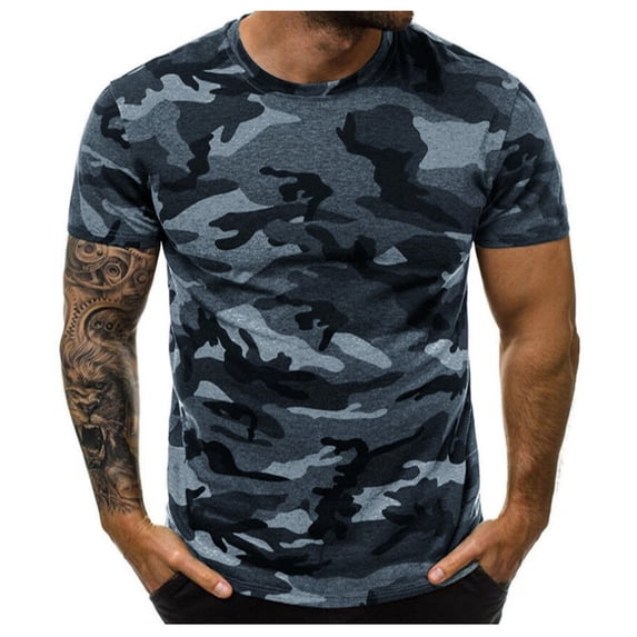 LRGSHF Men's Camouflage T‑Shirts Crew Neck Camo Print Tops Slim Fit Sport Summer Pullover Outdoor Casual Athletic Tees Gray XL