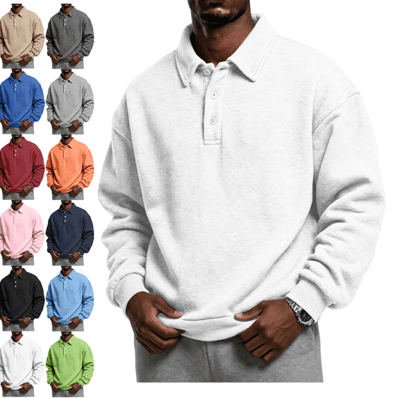 LRGSHF Men's Quarter Button Collared Sweatshirt Fall Winter Casual Pullover Sweaters Solid Color Long‑Sleeve Pullover Top
