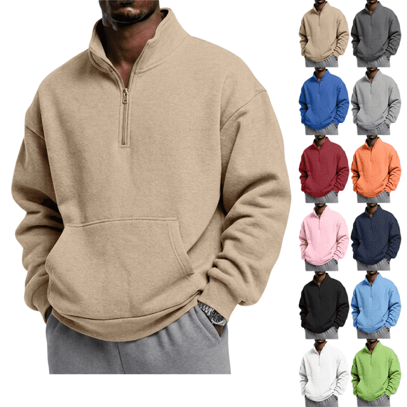 LRGSHF Men's Quarter Zip Stand Collar Sweatshirt, Loose Fit Long Sleeve Pullover with Pocket, Solid Color Casual Sweat Top