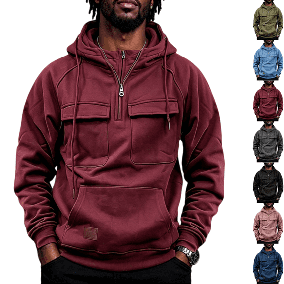 LRGSHF Men's Quarter Zip Utility Hoodie Sweatshirt, Raglan Sleeve Multi‑Pocket Drawstring Hooded Pullover, Loose Fit Solid Color Casual Top