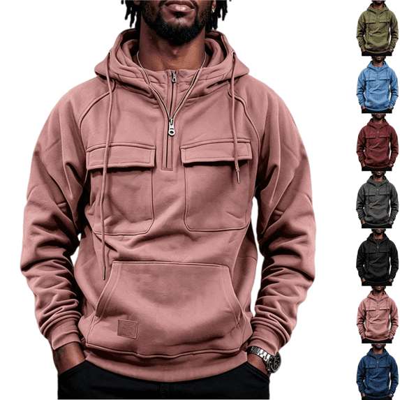 LRGSHF Men's Quarter Zip Utility Hoodie Sweatshirt, Raglan Sleeve Multi‑Pocket Drawstring Hooded Pullover, Loose Fit Solid Color Casual Top