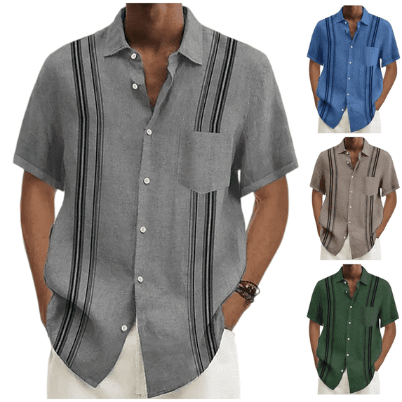LRGSHF Men's Short Sleeve Button Down Shirts Daily Stripe Tops Summer Soft Vacation Shirt with Pocket Beach Novelty Blouse