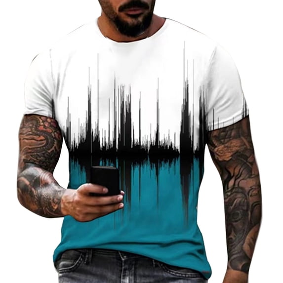 LRGSHF Men's Short Sleeve T‑Shirts Sound Wave Graphic Crew Neck Tops Modern Fit Gradient Print Pullover Daily Summer Casual Tees White 5XL