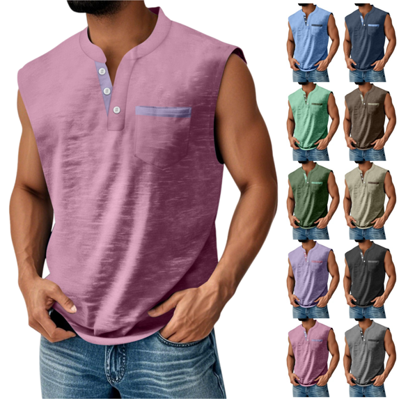 LRGSHF Men's Sleeveless Shirts Henley Tank Tops Breathable Lightweight Solid Color Pullover Summer Loose Fit Casual 3-Button Tees with Pockets