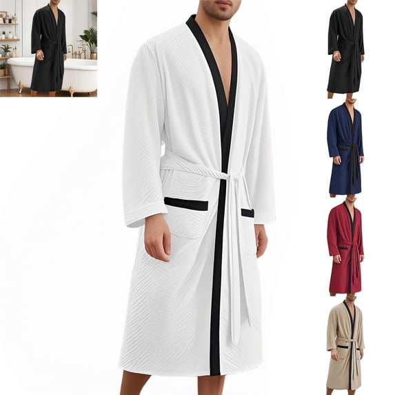 Mid Guy LRGSHF Men's Solid Color Textured Wrap Robe, Long Sleeve Mid-Length ...