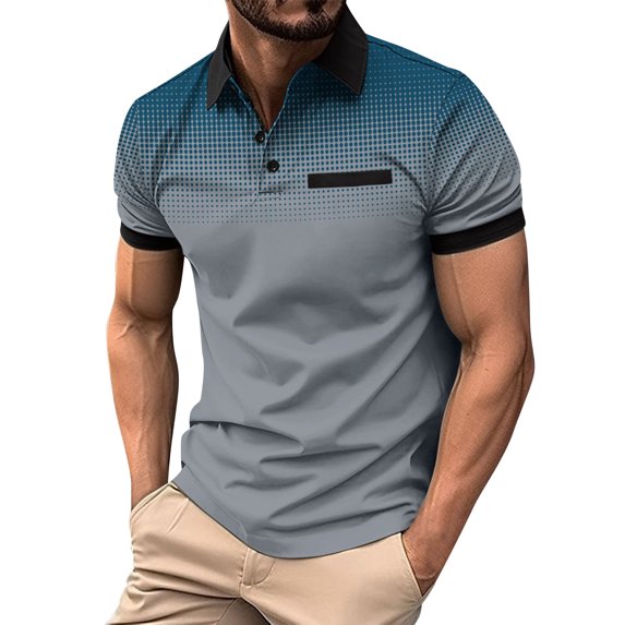 LRGSHF Men's Summer Polo Shirts Short Sleeve Golf Daily Pullover Slim Fit Gradient Print Tops With Chest Pocket Gray 2XL