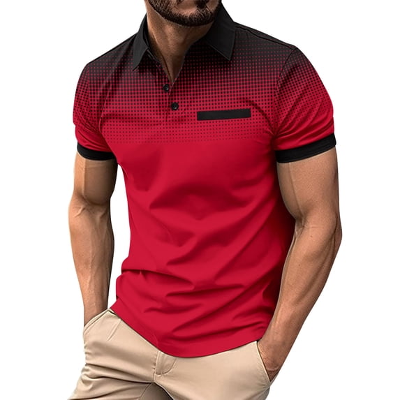 LRGSHF Men's Summer Polo Shirts Short Sleeve Golf Daily Pullover Slim Fit Gradient Print Tops With Chest Pocket Red M