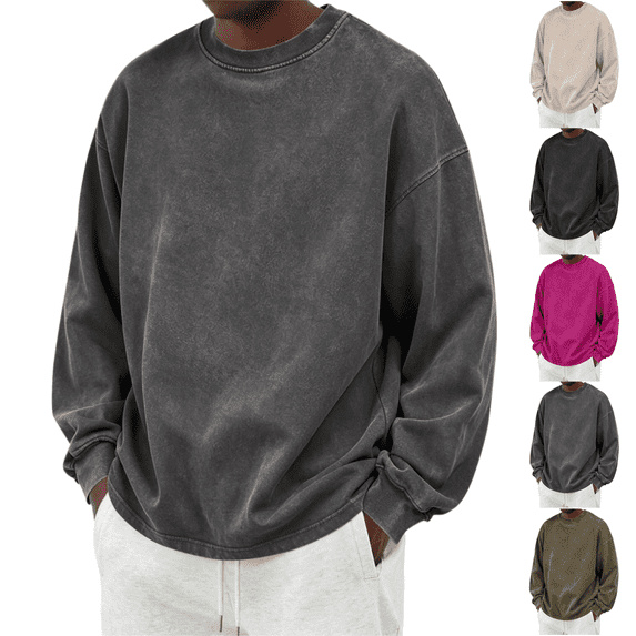 LRGSHF Mens Acid Wash Vintage Sweatshirt Relaxed Fit Crewneck Pullover Ribbed Collar Cuffs Long Sleeve Casual Drop Shoulder Y2K Streetwear Top Fall Winter Clothes