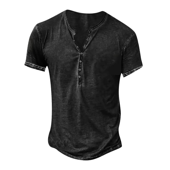 LRGSHF Mens Distressed Henley Shirts Short Sleeve V‑Neck Button Placket Pullover Retro Washed Casual Western Summer Streetwear Tops Black L