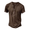 thumbnail image 1 of LRGSHF Mens Distressed Henley Shirts Short Sleeve V‑Neck Button Placket Pullover Retro Washed Casual Western Summer Streetwear Tops Brown L, 1 of 3