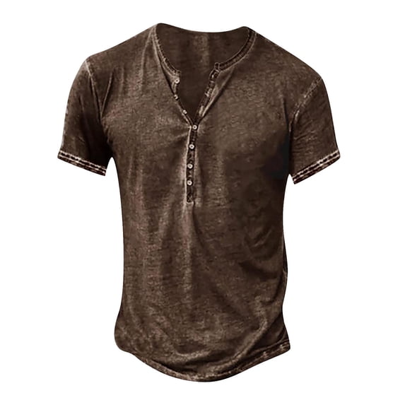 LRGSHF Mens Distressed Henley Shirts Short Sleeve V‑Neck Button Placket Pullover Retro Washed Casual Western Summer Streetwear Tops Brown L