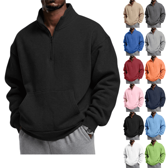 LRGSHF Mens Quarter Zip Pullover Long Sleeve Plush Lined Sweatshirts Casual Mock Neck No Hood Sweat Shirts with Pocket, Soft Regular Fit Fall Winter Tops