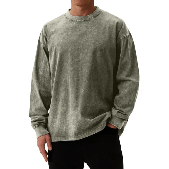 LRGSHF Oversized Tshirts for Men Long Sleeve Vintage Washed Basic Loose Tees Crew Neck Acid Wash Tshirts Fall Sports Streetwear Outfits 2026
