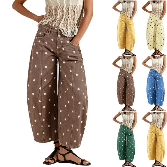LRGSHF Polka Dot Jeans Women Barrel Rise Baggy Denim Pants Vintage Wide Leg Ruched Jeans Streetwear