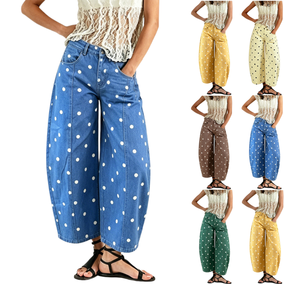 LRGSHF Polka Dot Jeans Women Barrel Rise Baggy Denim Pants Vintage Wide Leg Ruched Jeans Streetwear