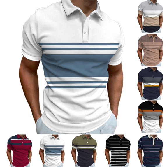 LRGSHF Polo Shirts for Men Colorful Stripes Short Sleeve Tops Summer Comfortable Slim Fit Pullover Vintage Breathable Lightweight Golf T-Shirt