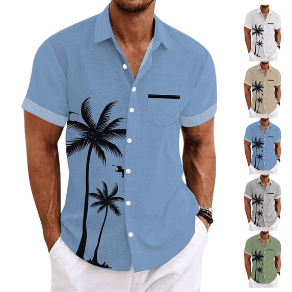 LRGSHF Short Sleeve Button Down Shirts for Men Palm Tree Tops Summer Casual Soft Tropical Beach Blouse with Chest Pocket Breathable Lightweight Vacation Shirt