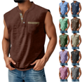 thumbnail image 1 of LRGSHF Sleeveless Shirts for Men Henley Tank Tops Breathable Lightweight Solid Color Pullover Summer Loose Fit Casual Basic 3-Button Tees with Pockets, 1 of 6