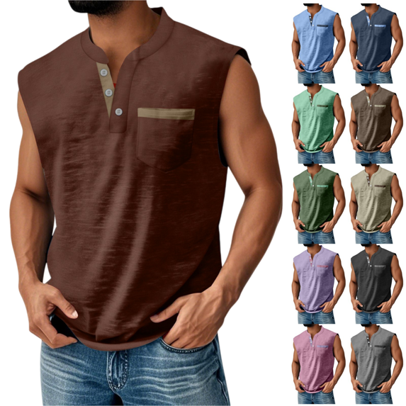 LRGSHF Sleeveless Shirts for Men Henley Tank Tops Breathable Lightweight Solid Color Pullover Summer Loose Fit Casual Basic 3-Button Tees with Pockets