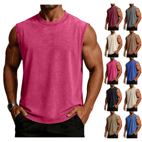 LRGSHF Sleeveless Shirts for Men Basic Casual Tank Top Summer Loose Crew Neck Lightweight Cotton Tees Workout Acid Wash Muscle T-Shirt