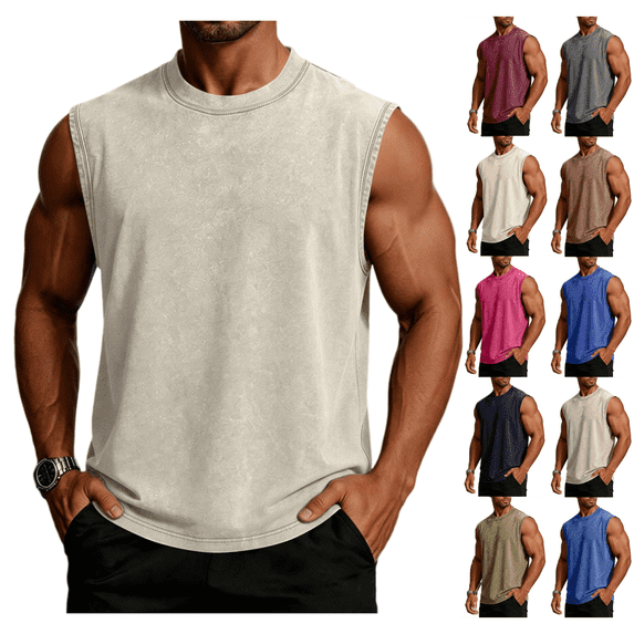 LRGSHF Sleeveless Shirts for Men Basic Casual Tops Summer Loose Fit Crew Neck Lightweight Cotton Tees Sports Gym Acid Wash Muscle T-Shirt