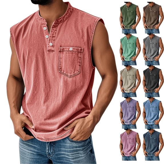 LRGSHF Sleeveless Shirts for Men Vintage Daily Henley Tank Tops Summer Basic Washed Shirts Beach Pullover with Pocket