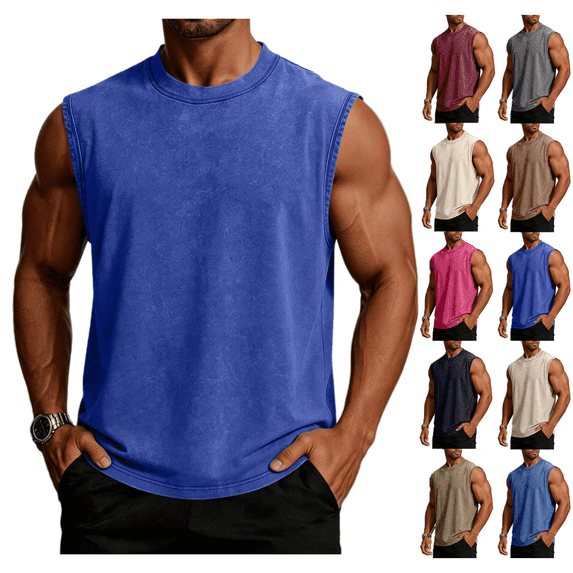 LRGSHF Sleeveless Shirts for Men Workout Tank Top Summer Loose Fit Crew Neck Lightweight Cotton Tees Workout Acid Wash Muscle T-Shirt