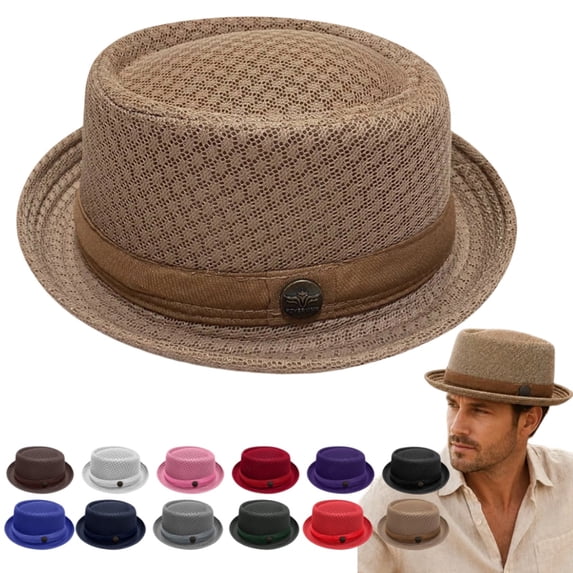 LRGSHF Summer Breathable Mesh Pork Pie Hat,Retro Straw Breathable Sun Protection Cap,Lightweight Fedora Bowler Hat
