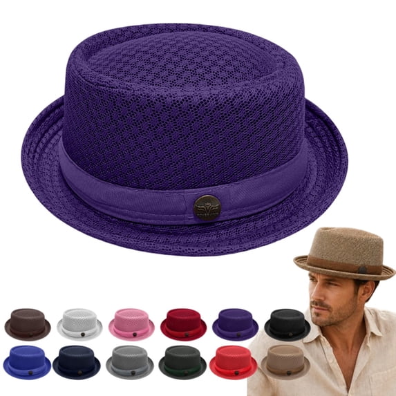 LRGSHF Summer Breathable Mesh Pork Pie Hat,Retro Straw Breathable Sun Protection Cap,Lightweight Fedora Bowler Hat