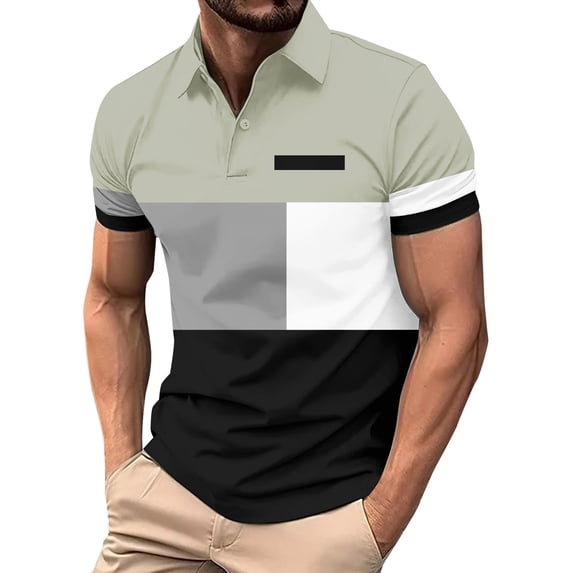 LRGSHF Summer Polo Shirts for Men Fashion Short Sleeve Stand Collar Tees Loose Fit Color Block Vacation Clothing Green M