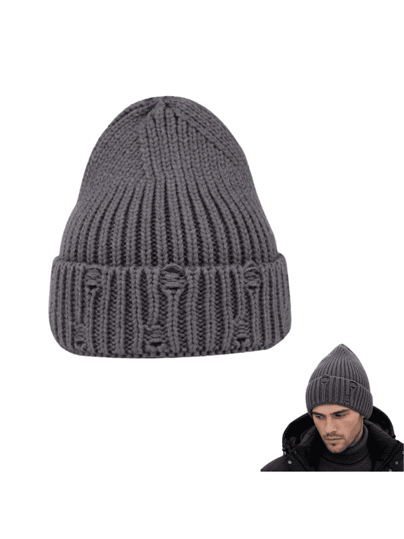 Unisex Distressed Ribbed Knit Pointed Hat, Warm Cuffed Winter Slouchy Pullover Cap for Men Women