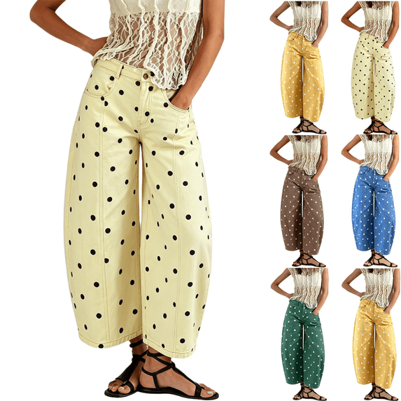 LRGSHF Women Baggy Barrel Polka Dot Jeans High Waist Button Loose Retro Wide Leg Cropped Printed Denim Pants with Side Pockets