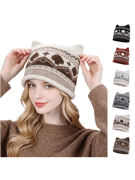 Women Cute Cat Ear Shaped Knit Hat, Vintage Cuffed Winter Hat Warm Ear Protection Pullover Cap