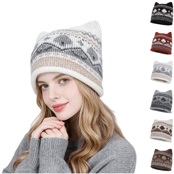 LRGSHF Women Cute Cat Ear Shaped Knit Hat, Vintage Cuffed Winter Hat Warm Ear Protection Pullover Cap