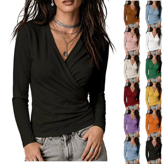 LRGSHF Women Ruched Wrap Long Sleeve Tee, V‑Neck Slim‑Fit Casual Blouse for Fall Daily Wear
