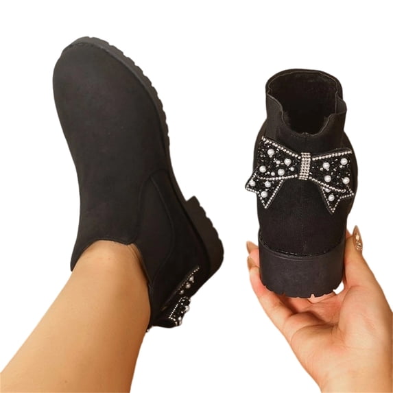 LRGSHF Women's Ankle Boots Chunky Low Heels Booties Slip On Elastic Fall Short Boots Round Toe Solid Faux Suede Casual Booties Back Bow Decor Non-Slip Comfortable Walking Shoes