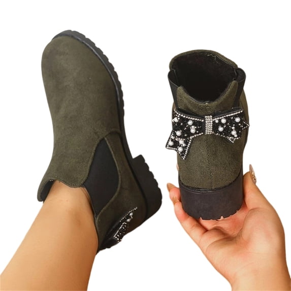 LRGSHF Women's Ankle Boots Chunky Low Heels Booties Slip On Elastic Fall Short Boots Round Toe Solid Faux Suede Casual Booties Back Bow Decor Non-Slip Comfortable Walking Shoes