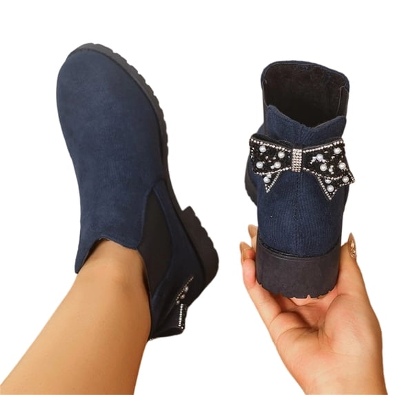 LRGSHF Women's Ankle Boots Chunky Low Heels Booties Slip On Elastic Fall Short Boots Round Toe Solid Faux Suede Casual Booties Back Bow Decor Non-Slip Comfortable Walking Shoes