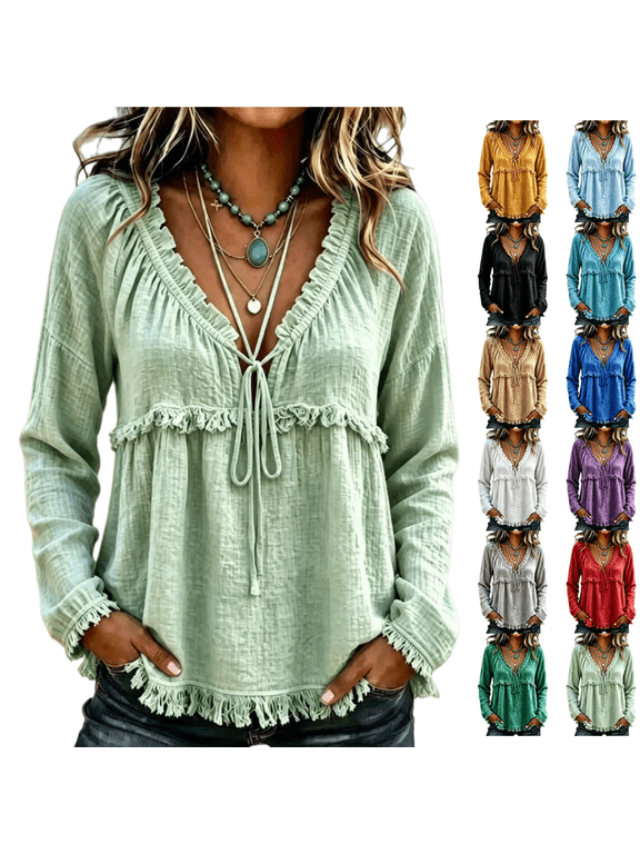 Women's Boho Tops Tie‑up V Neck Fringe Long Sleeve Shirts Fall & Spring Tunic Vacation Wear Loose Fit Flowy Babydoll Pullover