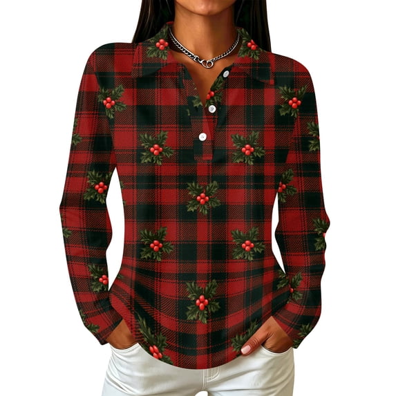 LRGSHF Women's Christmas Shirt Long Sleeve Snow Scene Print T-Shirts Dressy Collared Xmas Pullover Spring Fall Going Out Outfit Deep Red XXXL
