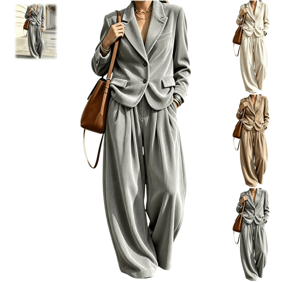 LRGSHF Women’s Corduroy 2‑Piece Outfit Set, Single Breasted Blazer Jacket & High Waist Wide Leg Pants Suit, Loose Casual Business Fashion Tracksuit