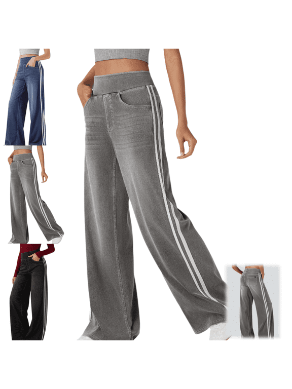 Women’s High Waist Side Striped Wide Leg Jeans, Stretch Denim Loose Fit Pull On Pants with Pockets