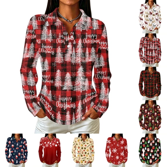 LRGSHF Women's Holiday Tops Long Sleeve Plaid Christmas Print T-Shirts Lightweight Collared Henley Xmas Pullover Spring Fall Going Out Outfit Vermilion M