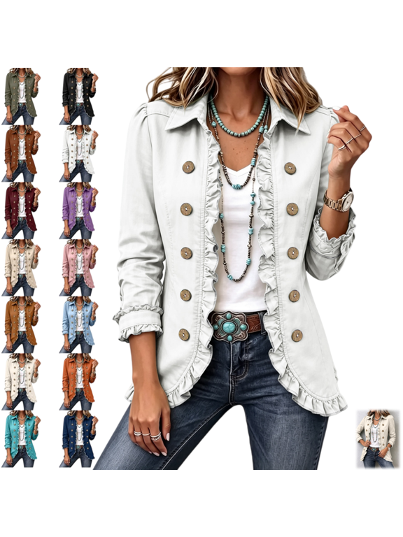 Women's Western Boho Ruffled Double Breasted Jacket, Lapel Collar Long Sleeve Lightweight Outerwear Coat, Loose Fit Casual Top